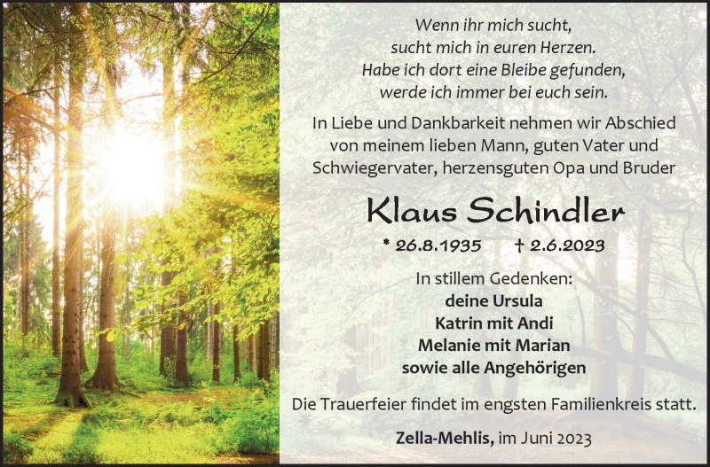  Traueranzeige für Klaus Schindler vom 17.06.2023 aus Südthüringer Presse