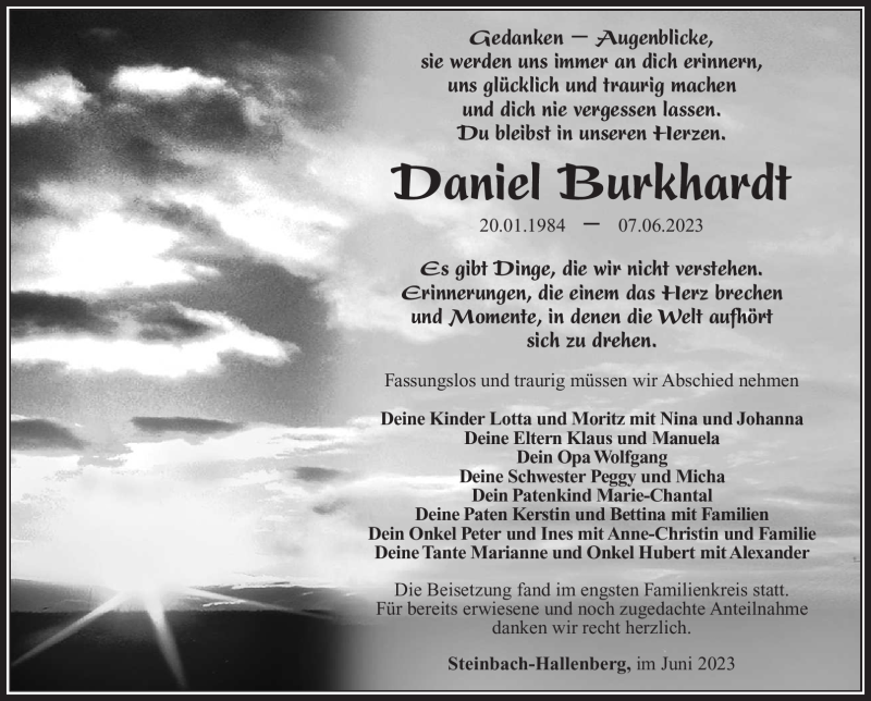  Traueranzeige für Daniel Burkhardt vom 27.06.2023 aus Südthüringer Presse