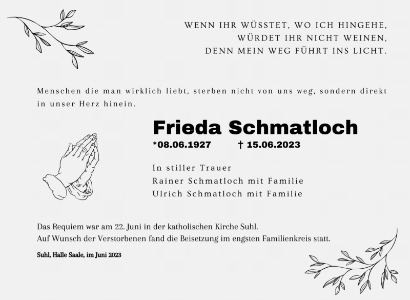  Traueranzeige für Frieda Schmatloch vom 24.06.2023 aus Südthüringer Presse