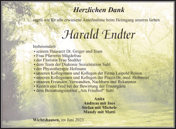 Traueranzeige von Harald Endter von Südthüringer Presse