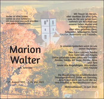 Traueranzeige von Marion Walter von Südthüringer Presse