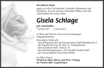Traueranzeige von Gisela Schlage von Südthüringer Presse