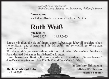 Traueranzeige von Ruth Weiß von Südthüringer Presse
