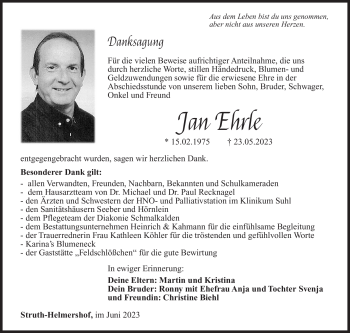 Traueranzeige von Jan Ehrle von Südthüringer Presse