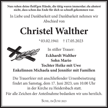 Traueranzeige von Christel Walther von Südthüringer Presse