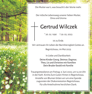Traueranzeige von Gertrud Wilczek von Frankenpost