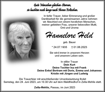 Traueranzeige von Hannelore Held von Südthüringer Presse