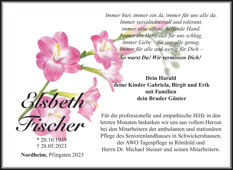  Traueranzeige für Elsbeth Fischer vom 06.06.2023 aus Südthüringer Presse