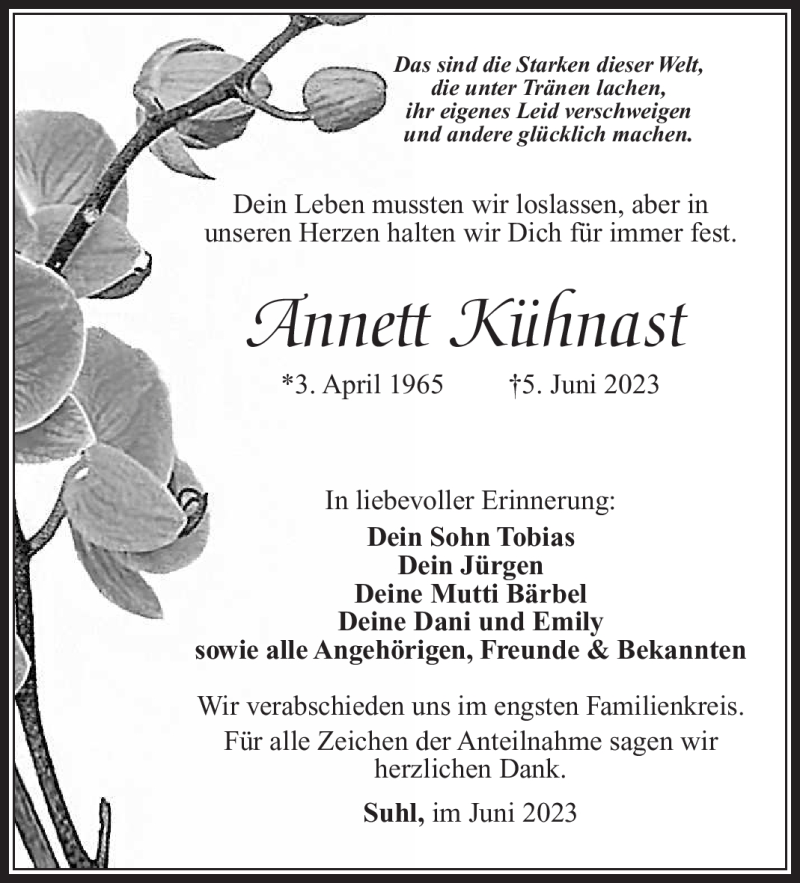  Traueranzeige für Annett Kühnast vom 17.06.2023 aus Südthüringer Presse