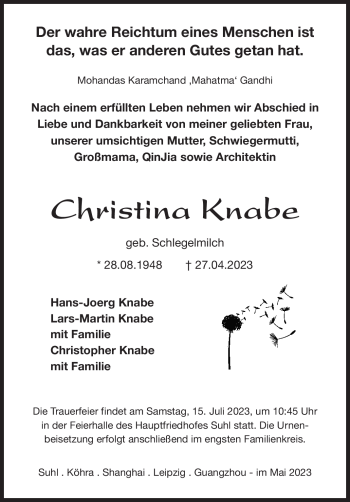 Traueranzeige von Christina Knabe von Südthüringer Presse