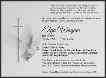 Traueranzeige von Elga Wagner von Südthüringer Presse