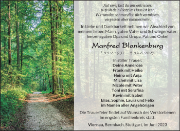 Traueranzeige von Manfred Blankenburg von Südthüringer Presse