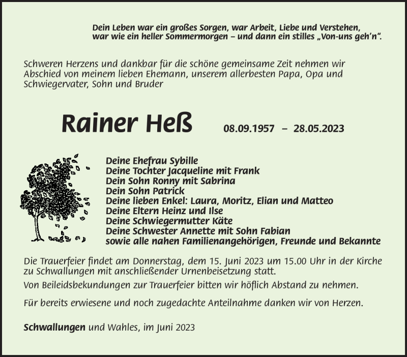  Traueranzeige für Rainer Heß vom 09.06.2023 aus Südthüringer Presse
