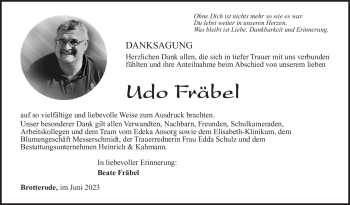 Traueranzeige von Udo Fräbel von Südthüringer Presse