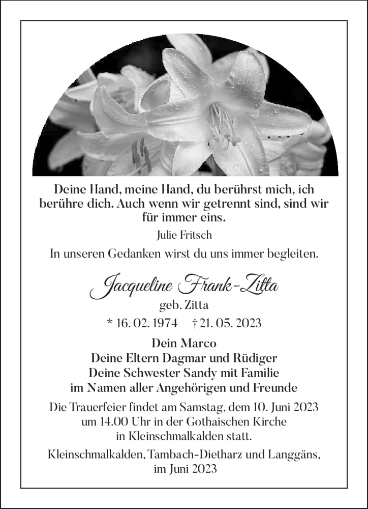  Traueranzeige für Jacqueline Frank-Zitta vom 03.06.2023 aus Südthüringer Presse