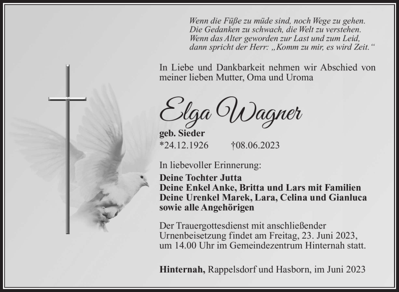  Traueranzeige für Elga Wagner vom 17.06.2023 aus Südthüringer Presse