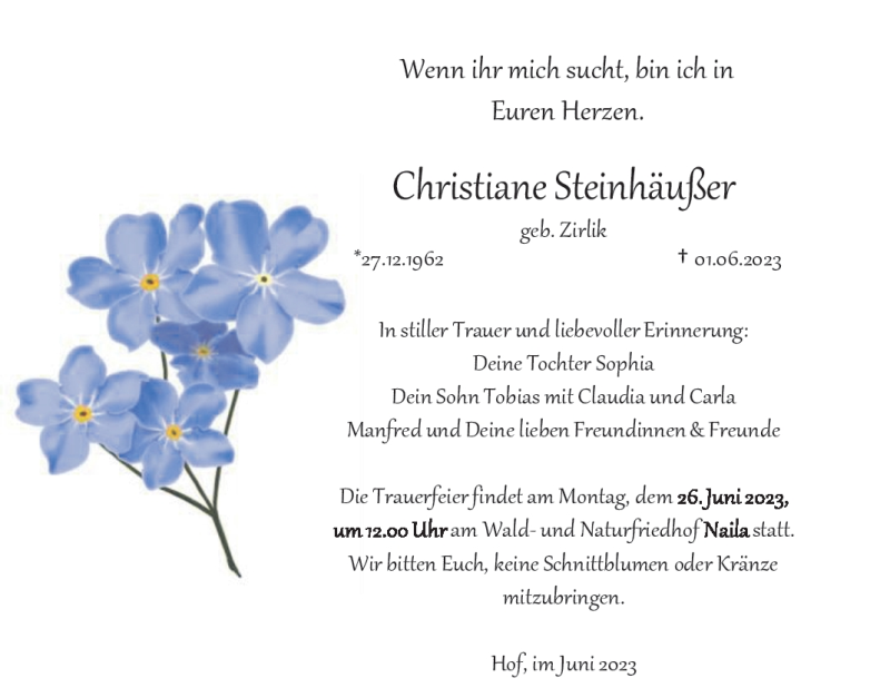 Traueranzeige für Christiane Steinhäußer vom 17.06.2023 aus Frankenpost