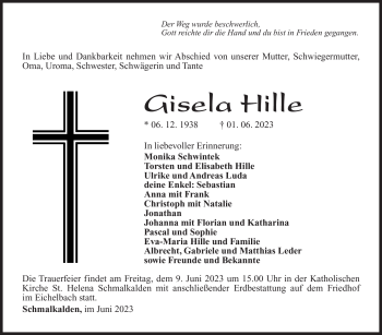 Traueranzeige von Gisela Hille von Südthüringer Presse