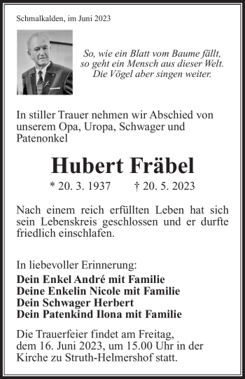Traueranzeige von Hubert Fräbel von Südthüringer Presse