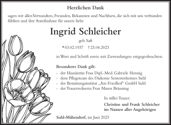Traueranzeige von Ingrid Schleicher von Südthüringer Presse
