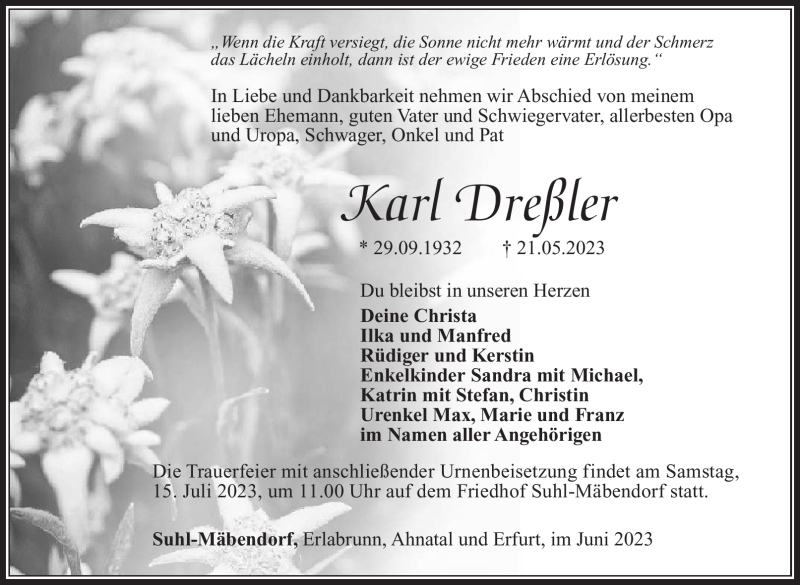  Traueranzeige für Karl Dreßler vom 17.06.2023 aus Südthüringer Presse