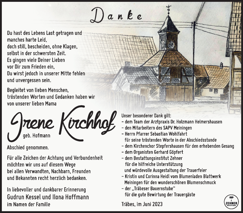  Traueranzeige für Irene Kirchhof vom 03.06.2023 aus Südthüringer Presse