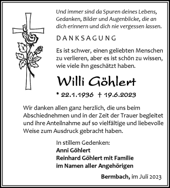 Traueranzeige von Willi Göhlert von Südthüringer Presse