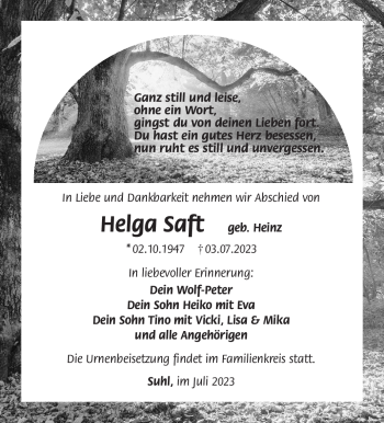 Traueranzeige von Helga Saft von Südthüringer Presse