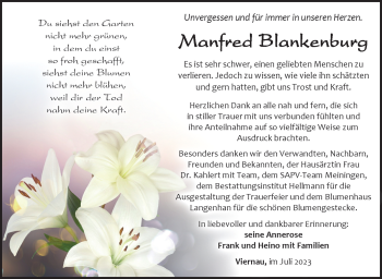 Traueranzeige von Manfred Blankenberg von Südthüringer Presse