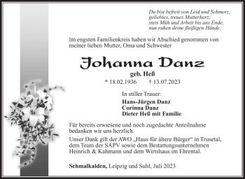 Traueranzeige von Johanna Danz von Südthüringer Presse