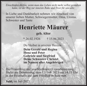 Traueranzeige von Henriette Mäurer von Südthüringer Presse
