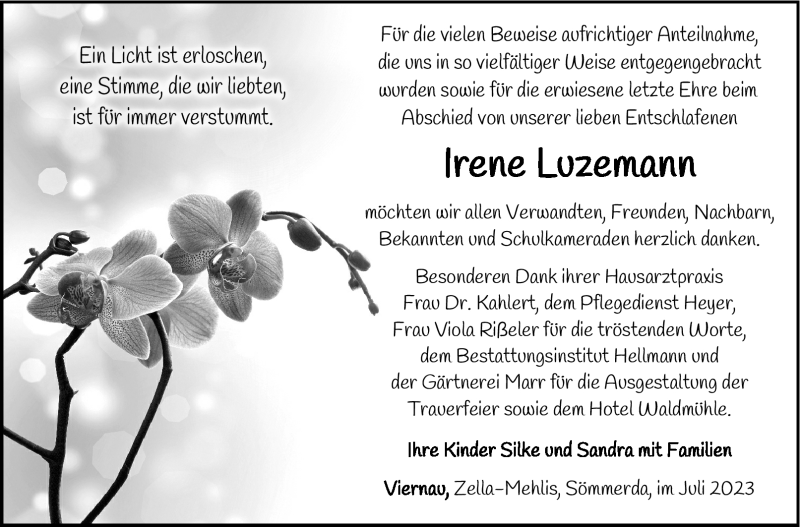  Traueranzeige für Irene Luzemann vom 15.07.2023 aus Südthüringer Presse