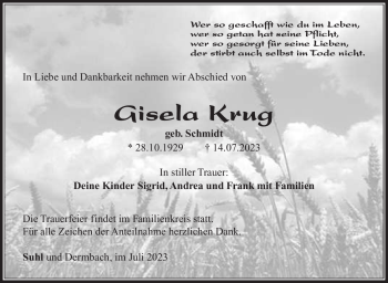 Traueranzeige von Gisela Krug von Südthüringer Presse