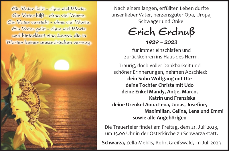  Traueranzeige für Erich Erdnuß vom 15.07.2023 aus Südthüringer Presse