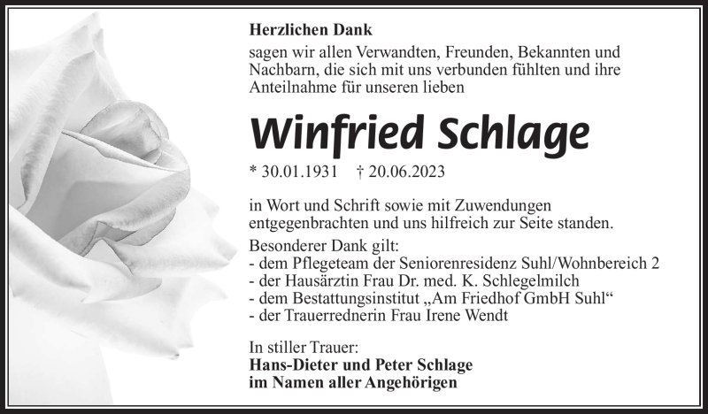  Traueranzeige für Winfried Schlage vom 29.07.2023 aus Südthüringer Presse