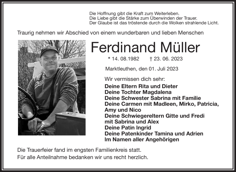 Traueranzeige für Ferdinand Müller vom 01.07.2023 aus Frankenpost