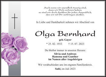 Traueranzeige von Olga Bernhard von Südthüringer Presse