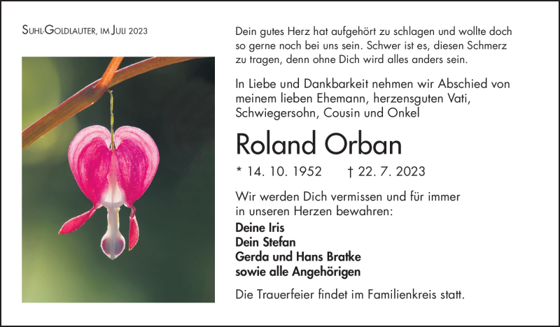  Traueranzeige für Roland Orban vom 29.07.2023 aus Südthüringer Presse