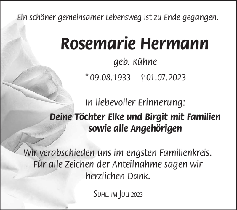  Traueranzeige für Rosemarie Hermann vom 15.07.2023 aus Südthüringer Presse