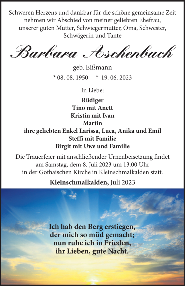  Traueranzeige für Barbara Aschenbach vom 01.07.2023 aus Südthüringer Presse