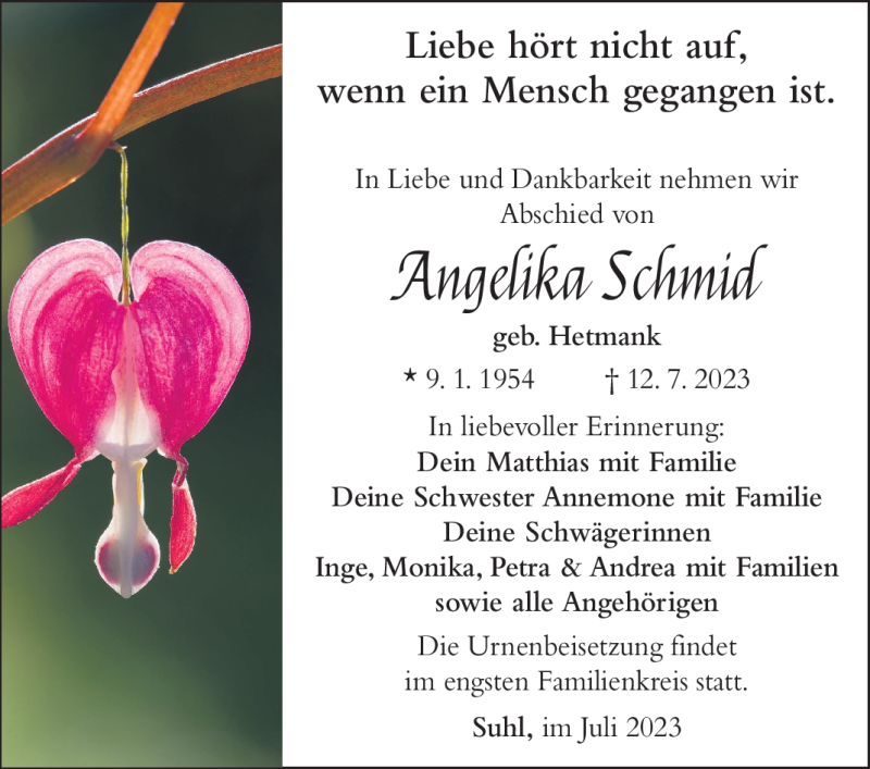  Traueranzeige für Angelika Schmid vom 22.07.2023 aus Südthüringer Presse
