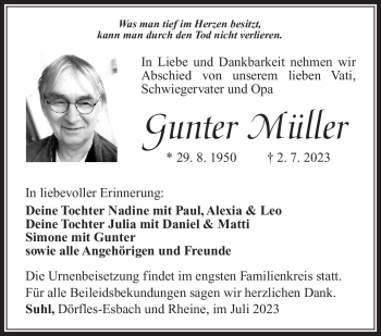 Traueranzeige von Gunter Müller von Südthüringer Presse