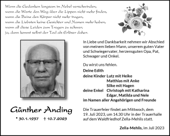 Traueranzeige von Günther Anding von Südthüringer Presse