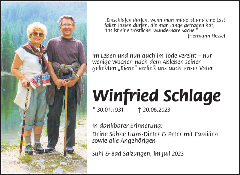 Traueranzeige für Winfried Schlage vom 08.07.2023 aus Südthüringer Presse