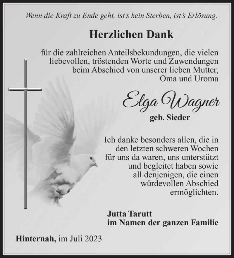  Traueranzeige für Elga Wagner vom 01.07.2023 aus Südthüringer Presse