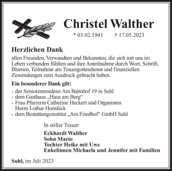 Traueranzeige von Christel Walther von Südthüringer Presse