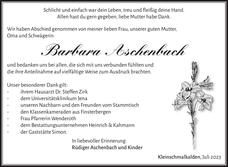  Traueranzeige für Barbara Aschenbach vom 15.07.2023 aus Südthüringer Presse