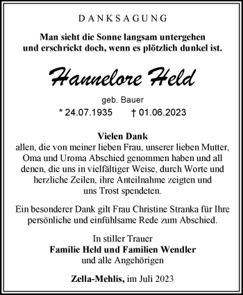 Traueranzeige von Hannelore Held von Südthüringer Presse