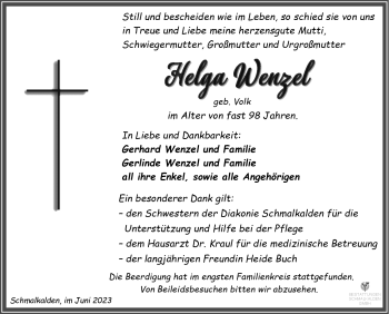 Traueranzeige von Helga Wenzel von Südthüringer Presse