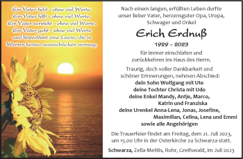 Traueranzeige von Erich Erdnuß von Südthüringer Presse